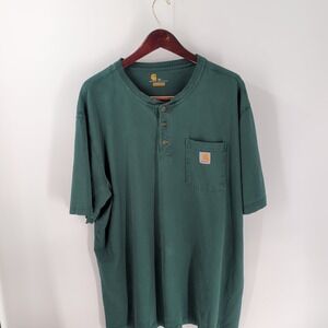 Vintage Carhartt Short Sleeve Original Fit Henley Neck T-Shirt Green Size 2XL